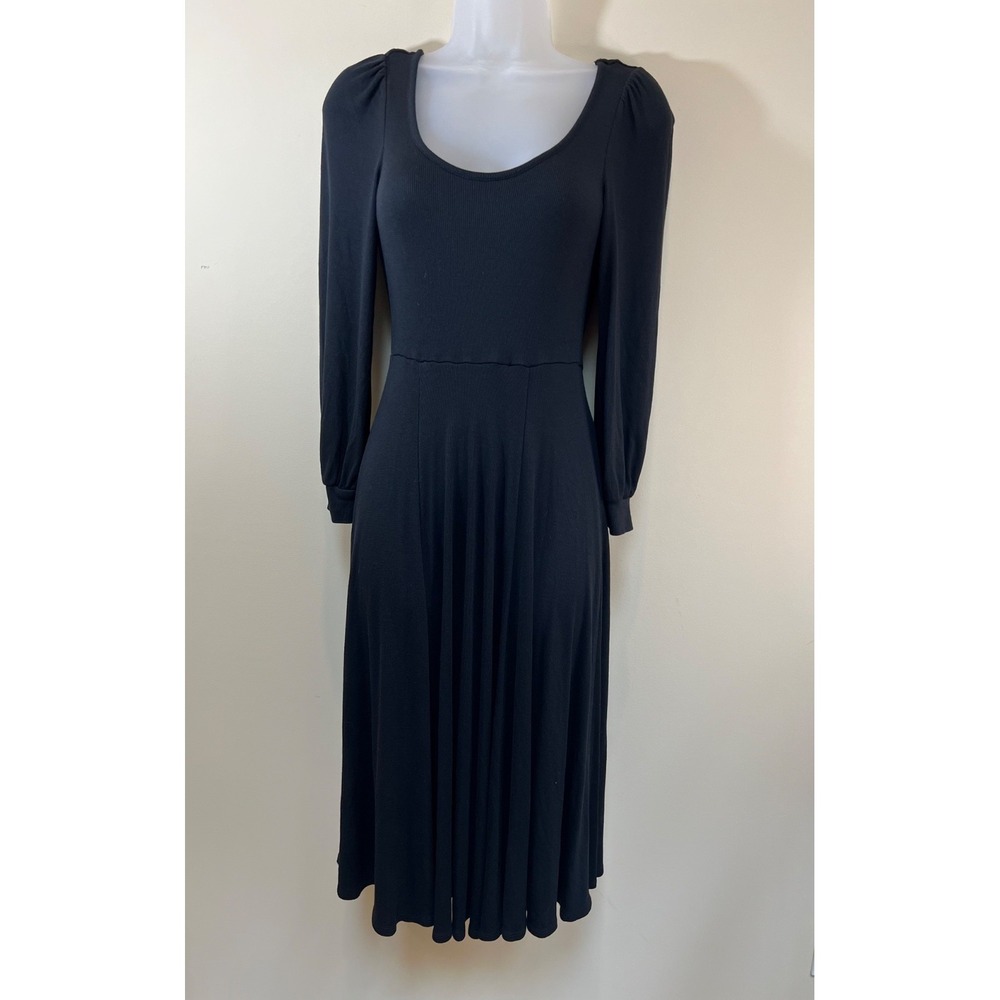 Marine Layer Womens Lexi Dress Black Rib Knit Long Sleeve Midi Fit/Flare Size XS